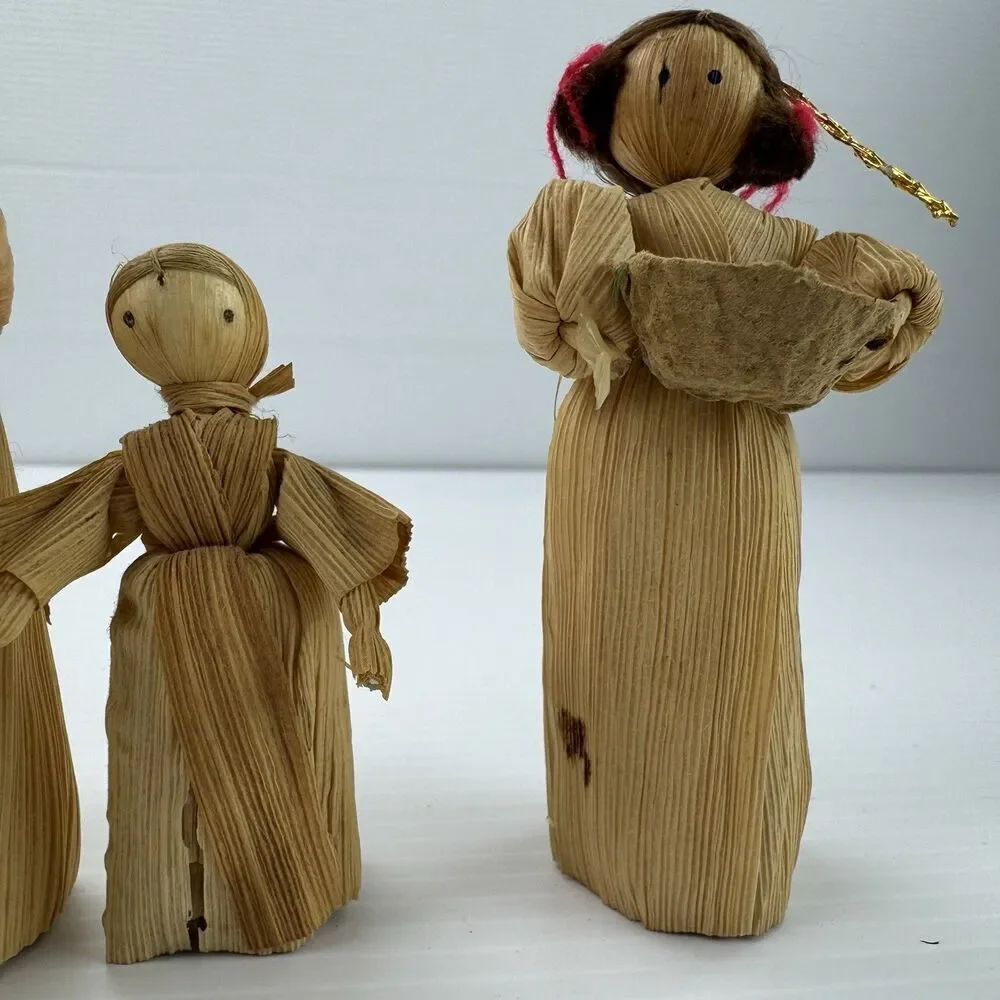 Vintage Corn Husk Dolls Set of 3 Handmade Folk Art Rustic Farmhouse Decor Fall